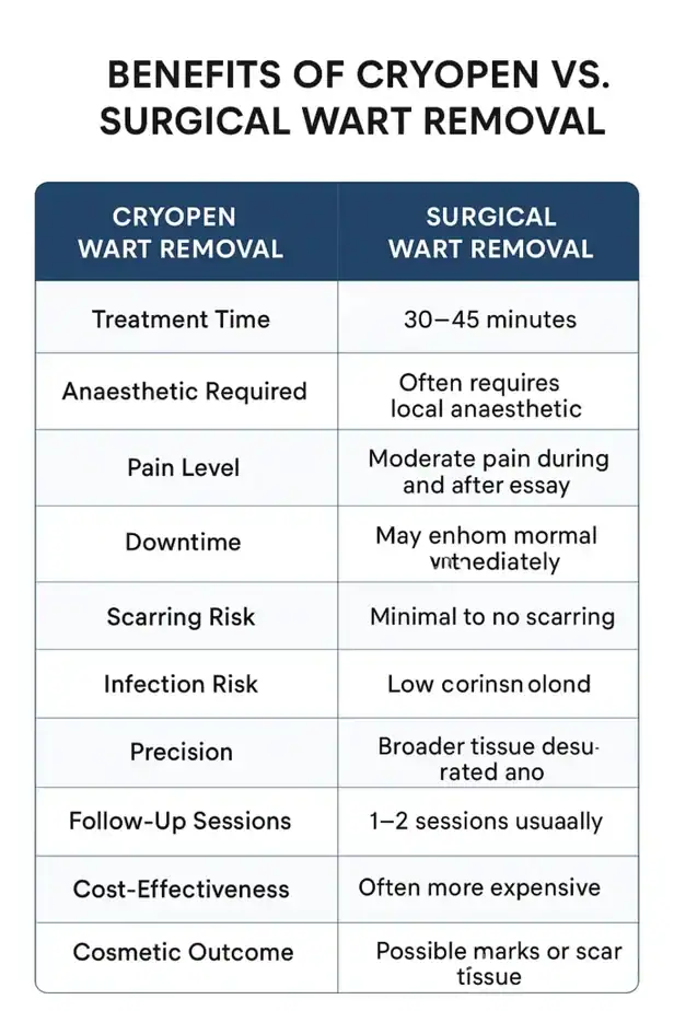 Table showing the benefits of cryopen to remove warts Haverhill compared to surgical treatment